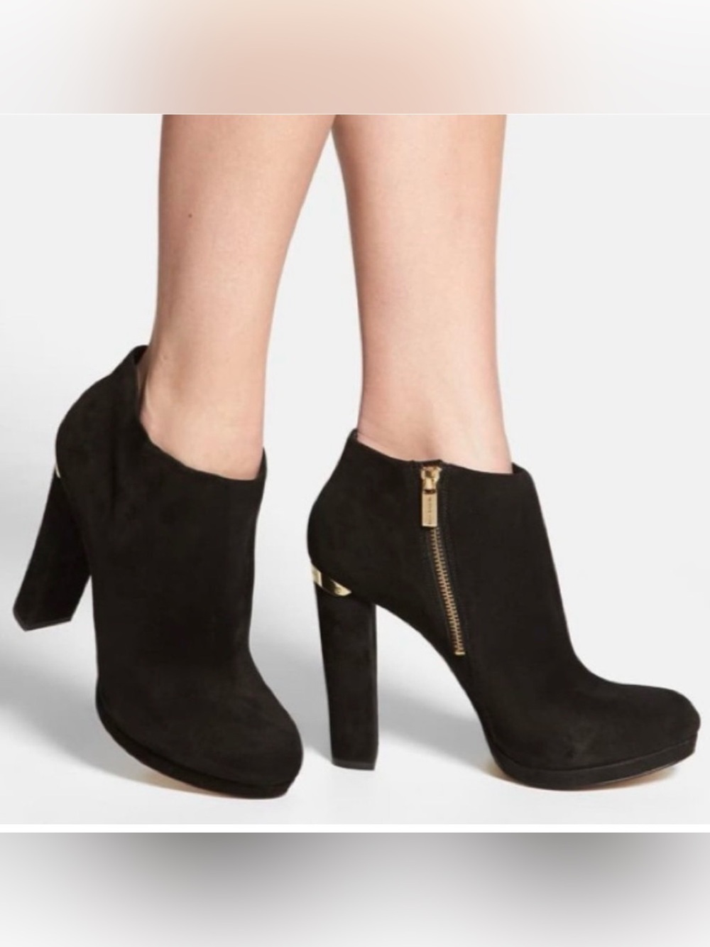 •MICHAEL KORS•BLACK SUEDE HAVEN PLATFORM, GOLD ZIPPER, & LOGO ANKLE BOOTIES 8
